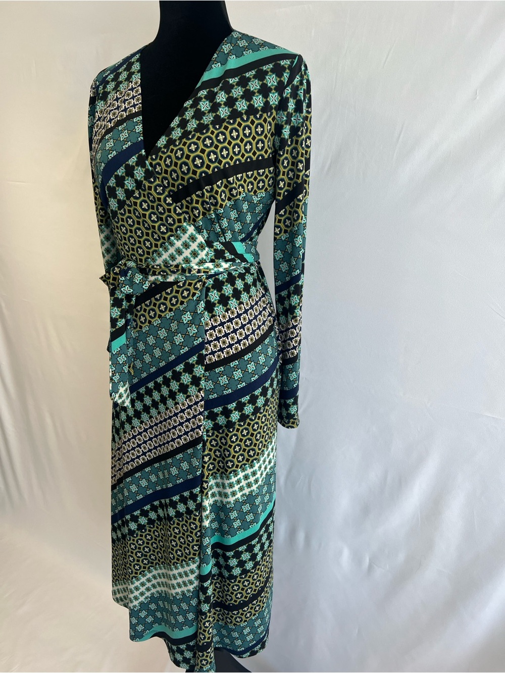 London Times Teal, Black and Lime Geometric Wrap Dress - Long Sleeve